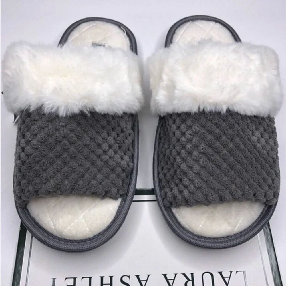 Gray Laura Ashley Memory Foam Spa Collection Faux Fur Open-Toe Slippers (NWT)